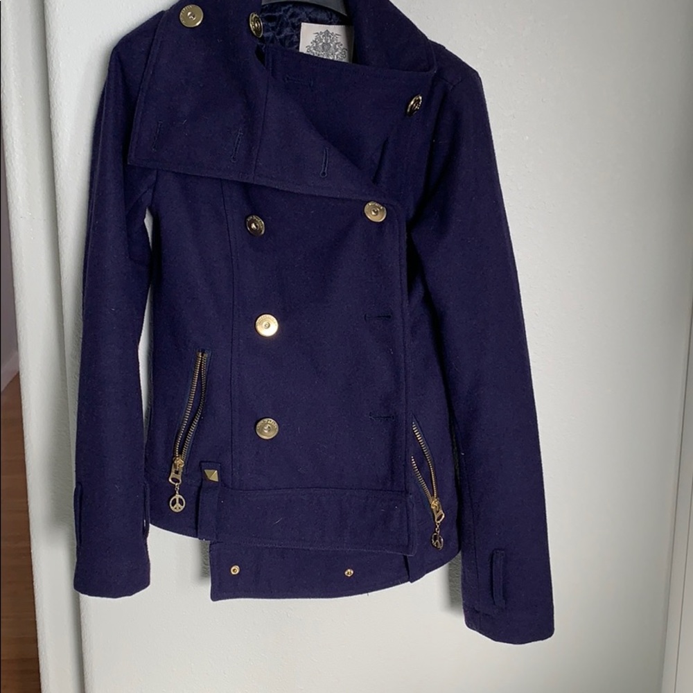 Bb Dakota blue with gold button cowl neck jacket